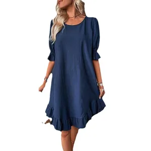 Loose navy blue cotton linen dress with ruffled mid-sleeves and round neck for women
