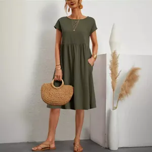 Summer army green cotton linen short sleeve A-line dress with loose fit for women