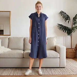 Women Vintage Cotton Linen Shirt Dress Stand Collar Single Breasted Short Sleeve Midi Dress With Pockets Casual Loose Solid Robe