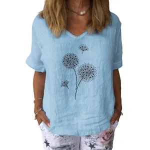 Elegant women's loose cotton linen V-neck short sleeve top with dandelion print