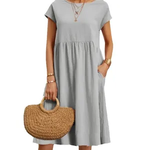Elegant light gray cotton linen A-line dress with pockets for summer plus size women