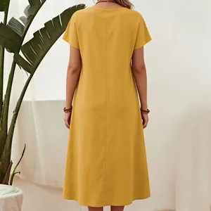 Back view of yellow cotton linen maxi dress featuring short sleeves and a round neck