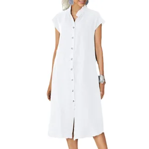 Casual white cotton linen button down shirt dress with stand collar and pocket for women