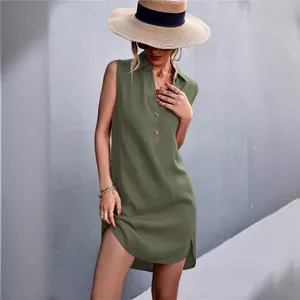 Summer olive green cotton linen sleeveless V-neck dress with buttons and side slit