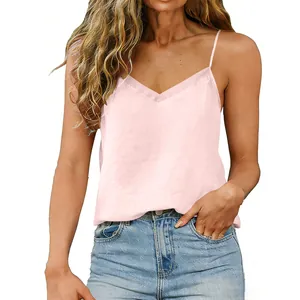 Stylish light pink cotton linen camisole featuring delicate organza trim at the V-neckline