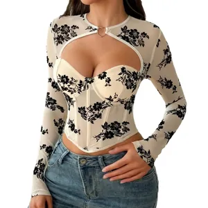 Sexy Mesh Korsett Langarmshirt mit Blumen-Flockdruck und Herz-Metall-Ausschnitt