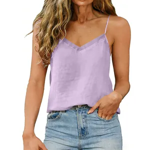 Detailed view of a stylish light purple cotton linen V-neck camisole for women on a model