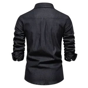 Back view of a premium men's black long sleeve denim shirt with clean stitching