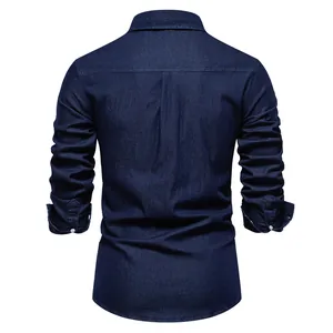 Detailed back view of men's dark blue denim shirt showing tailored fit and fabric texture