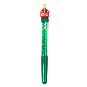 Festive Christmas gel pen with green glitter barrel and cartoon house topper for gift