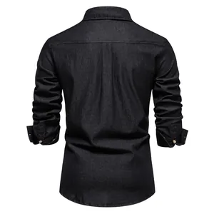 Back view of a classic black long-sleeve denim shirt for men in casual style