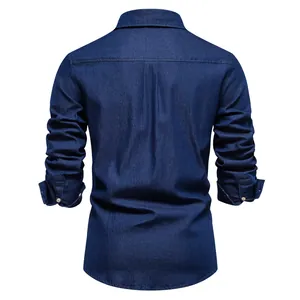 Detailed back view of a dark blue long-sleeved denim shirt with classic yoke stitching
