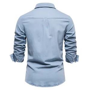 Detailed back view of a casual light blue denim shirt for men featuring long sleeves