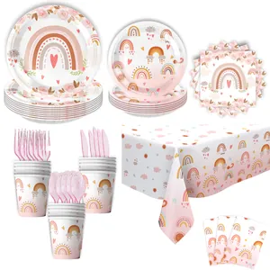 Boho Roze Regenboog Verjaardagsfeest Servies Set Wegwerp Papieren Borden Servetten Bekers Tafelkleed Glitter Plastic Bestek Voor Meisjes Baby Shower Feestartikelen
