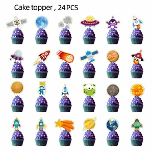 Selection of 24 outer space themed cake toppers for astronaut birthday party decoration
