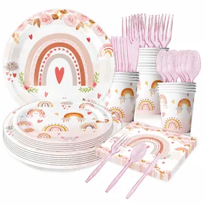 Roze bohemian regenboog feestservies set met papieren borden bekers en servetten decor