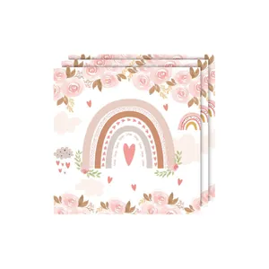 Roze boho regenboog papieren servetten met bloemenaccenten voor verjaardagsfeestje