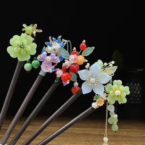 Ancient style sandalwood hairpins with colorful floral ornaments and tassels