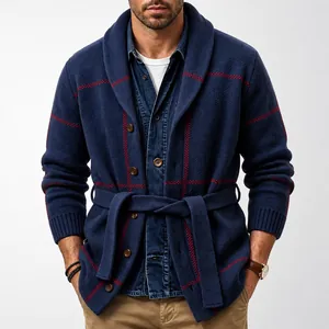 Men Retro Jacquard Knitted Cardigan Shawl Collar Thickened Mid-Length Sweater Top With Belt Navy Plaid Pattern Outerwear