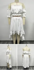 Detailed front, side, and back views of white ruffled two-piece dress on mannequin
