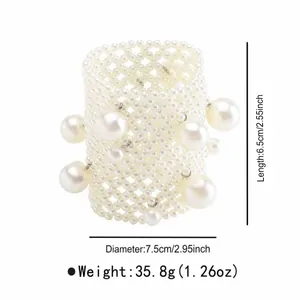 Detailed view of woven pearl cuff bracelet showing dimensions and weight information