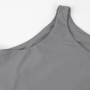 Detailed macro view of the grey sleeveless bodysuit neckline showing high-quality stitching