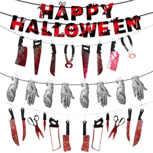 Set de decoraciones de Halloween de terror con pancartas de armas y manos cortadas