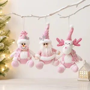 Pink Christmas Plush Doll Ornaments Santa Snowman Reindeer Soft Fabric Knit Hanging Decorations For Xmas Tree Window Home Decor