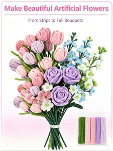 Vista dettagliata del kit di steli di ciniglia DIY e bouquet di fiori finti rifinito