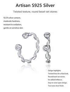 Detailed view of S925 sterling silver twisted ear cuff with bezel-set cubic zirconia stones