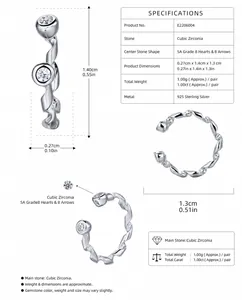 Detailed specifications for S925 sterling silver twisted rope ear cuff with cubic zirconia.