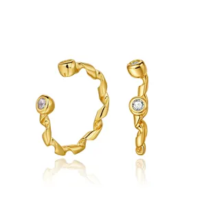 Elegant gold twisted sterling silver ear cuffs with sparkling round zircon accents for women
