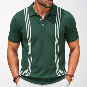 Polo de Viscose Casual de Negocios para Hombre Manga Corta Verde Rayas en Contraste Dobladillo Geométrico Camiseta de Punto