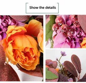 Macro view showing the detailed textures of autumn artificial peony and berry wreath