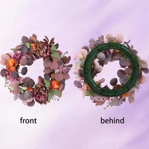 Front and back view of autumn peony and hydrangea decorative wreath for home wall decor