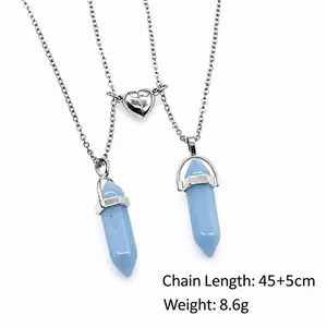 Luminous hexagonal stone pendant necklaces with magnetic heart clasp for couples.
