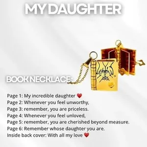 Vintage stainless steel book locket necklace with sentimental daughter quote detail