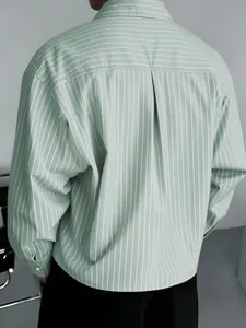 Detailed back view of a men's loose sage green striped casual shirt with center pleat