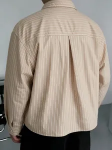 Back view of men's beige vertical striped long sleeve shirt with box pleat detail