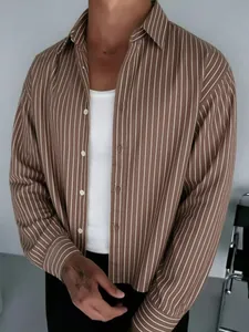 Stylish men's brown and white vertical striped loose casual long-sleeve shirt for daily wear