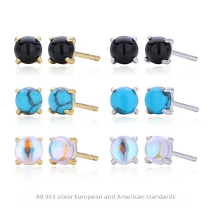 Minimalist Round Ball Stud Earrings With 925 Sterling Silver Earring Post Black Agate Turquoise Moonstone For Women