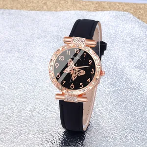 Elegante Damenarmbanduhr in Roségold mit Schmetterlingszifferblatt und Lederarmband