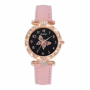 Elegante roségoldene Damenuhr mit rosa Armband und Schmetterlings-Zifferblatt