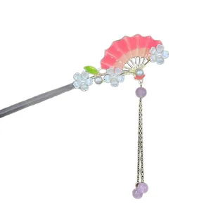 Elegant wooden hair stick with pink fan and floral tassel for Chinese Hanfu styling