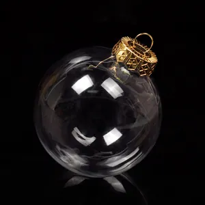 Macro view of a transparent Christmas ornament ball featuring a textured gold cap