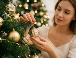 Ασιάτισσα στολίζει δέντρο με χρυσές ηλεκτρολυτικές χριστουγεννιάτικες μπάλες 6cm