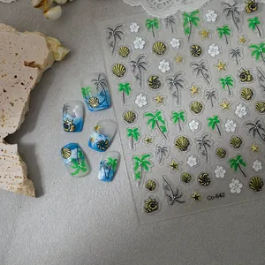 5D gold embossed nail art stickers with tropical palm tree and shell beach designs