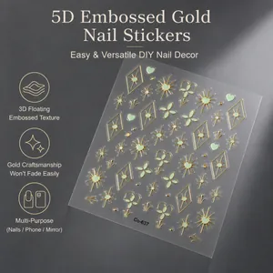 Professional 5D gold foil embossed nail stickers featuring elegant mint green star and heart designs