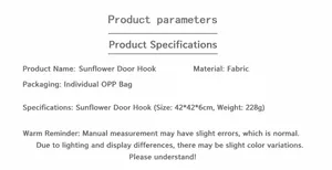 Detailed specifications for sunflower wreath door hanging: fabric, size 42x42x6cm