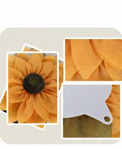 Detailed views of decorative fabric sunflower wreath showing petal texture and back support